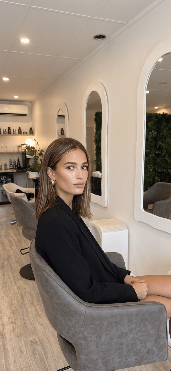 Light brown long bob, calm glossy finish